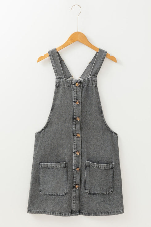 Wide Strap Button Front Pocketed Denim Mini Dress